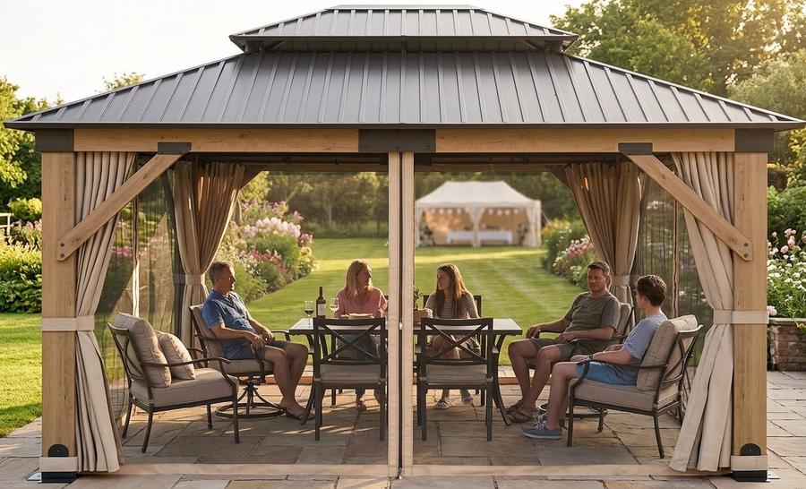 GARTOO 13' x 15' Wooden Gazebo Curtains Part & Rod