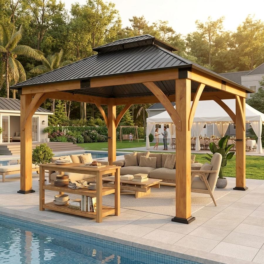 GARTOO 11'x 13' Outdoor Spruce Wood Gazebo